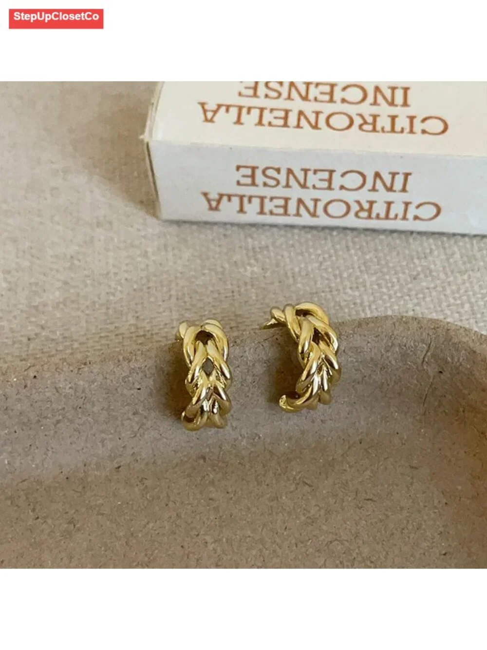 18K Gold Plated Twisted Rope Hoop Earrings, Dainty Braided C-Shape Studs,